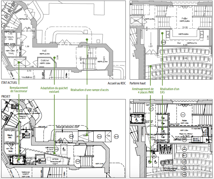 Plans des aménagements créés pour l'accessibilité de la salle Popesco. Crédit : Clé Millet International, extrait de la notice architecturale.