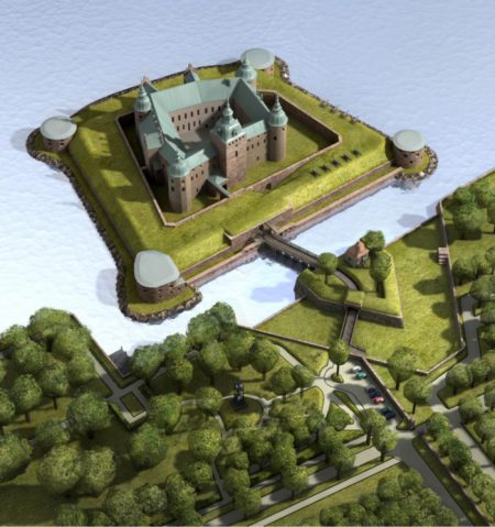 Ariel view of the Kalmar Castle on its small island and bridged connection with the main land. Copyright : Waern Architects AB