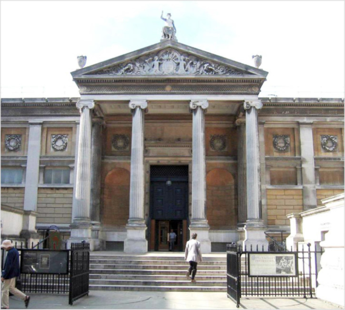 Fig. 1. Ashmolean Museum pre-transformation: view of the forecourt and main entrance showing the unwelcoming partially sealed front door under Cockerell’s temple-like portico on a stepped podium.